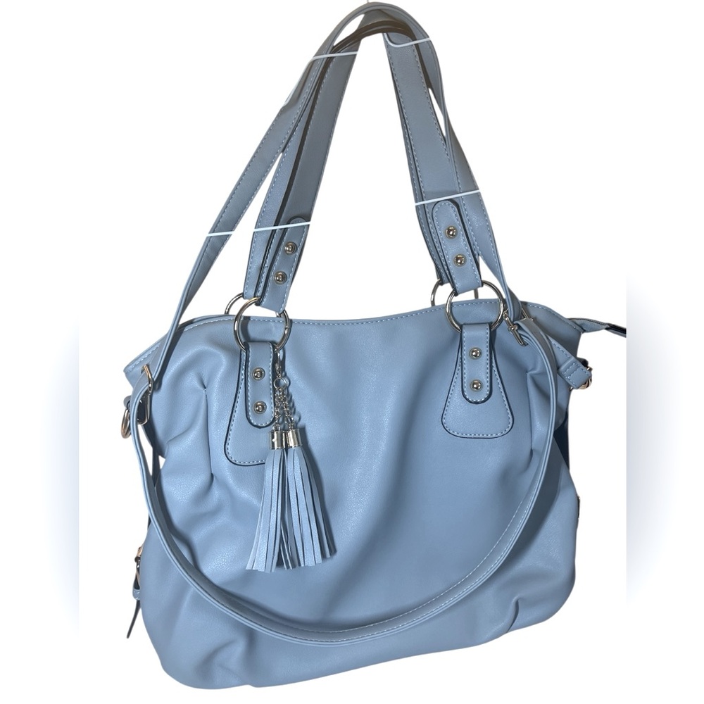 Beautiful Elegant Ice Blue Large Hobo Purse with Tassels and Gold Hardware. NWOT